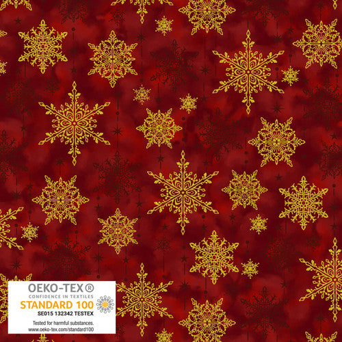 Stof - Star Glitter - Gold Snowflakes - Red