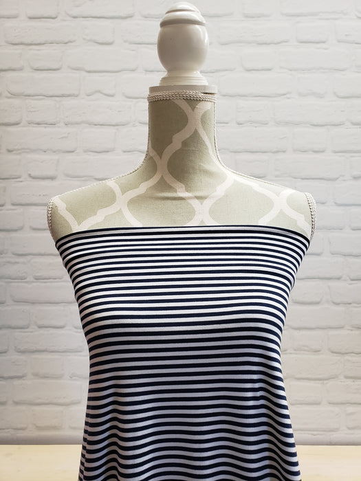 Bamboo Jersey Knit - White/Marine stripe